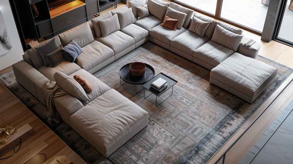 Furniture placed on Rug in living room