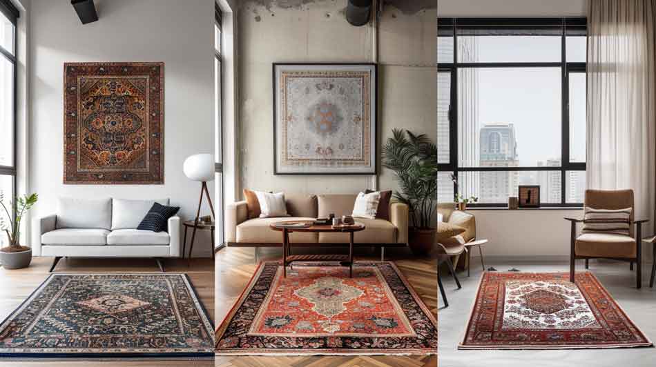 Collage of three rugs in different rooms.