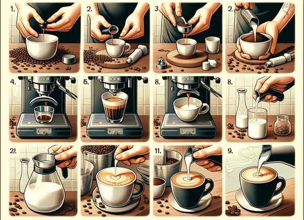 The steps required to make an espresso on a small machine.