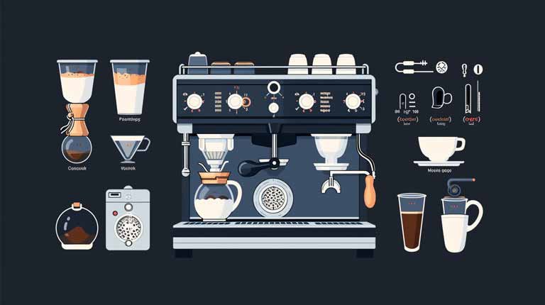 Graphic of a small espresso machine and equipment.