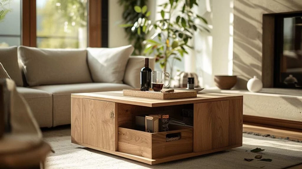 A creative, homemade coffee table with unique storage solutions, showcasing the potential for personalization.