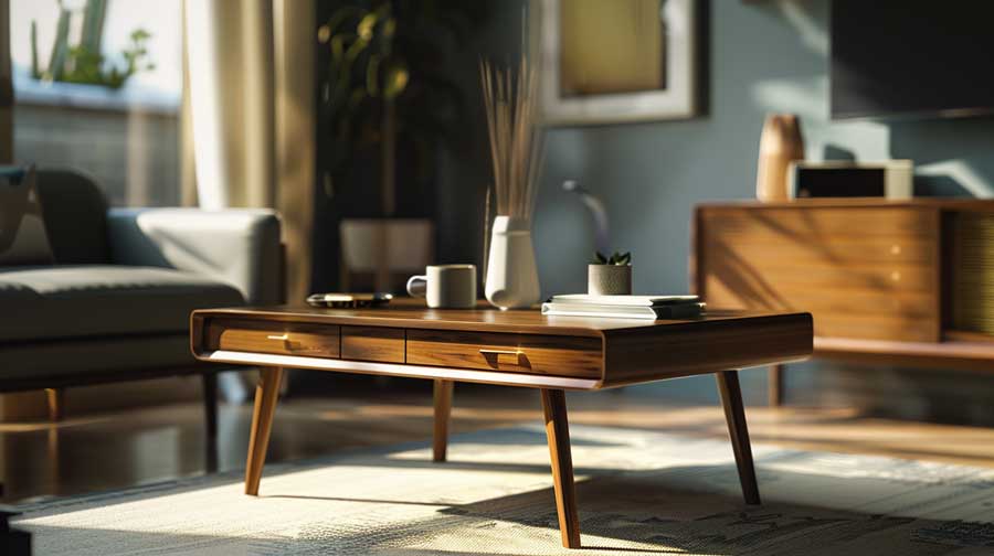 Elegant mid century modern coffee table with drawers.