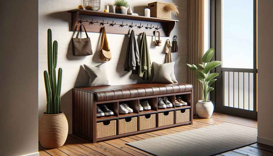 wood entryway bench with storage