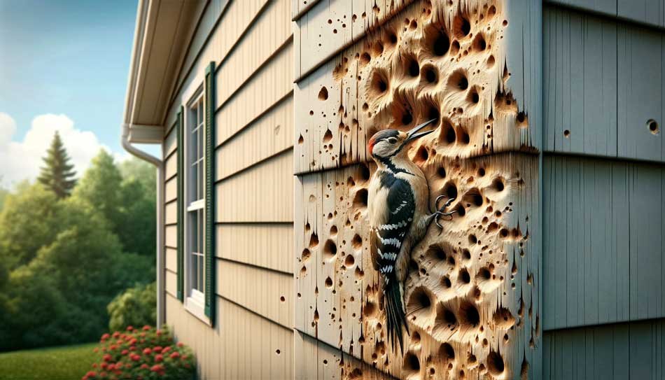 Woodpecker making holes in house