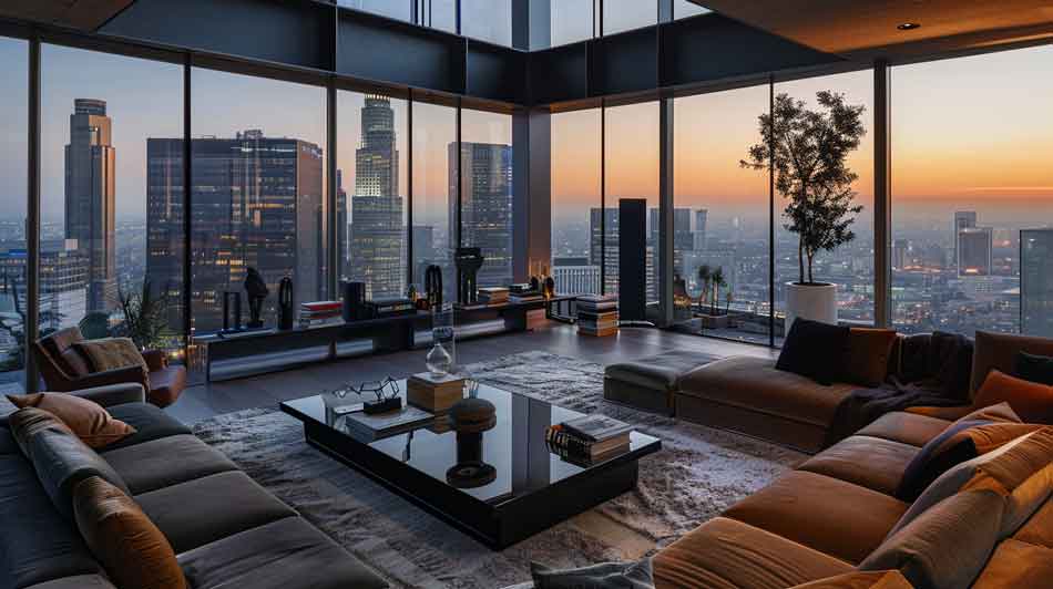Skyline view in an apartment with black coffee table.