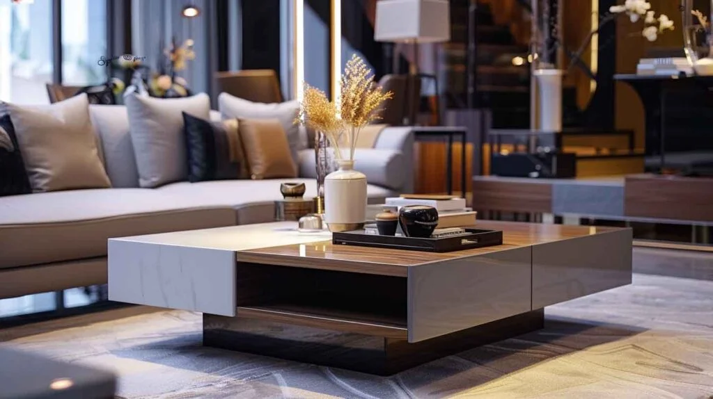 A cozy, well-decorated living room with a modern coffee table showcasing hidden storage compartments.