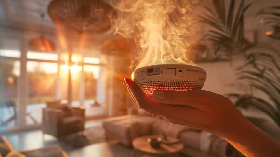 holding smoke detector with smoke coming out.