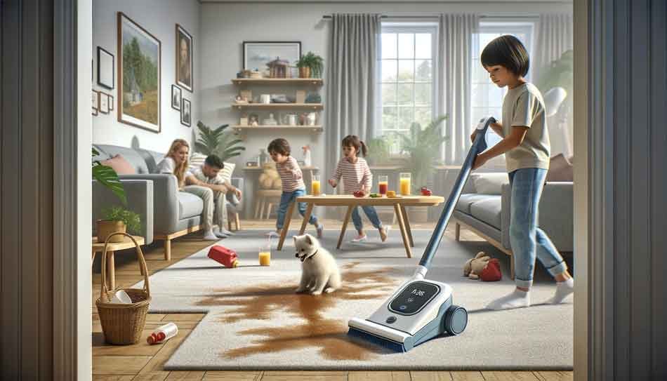 Kids cleaning carpet after pet spill