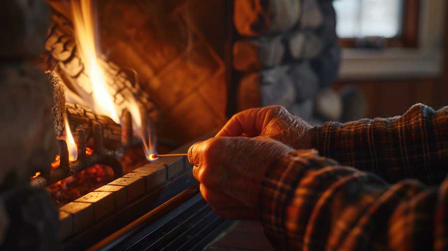 Man using a match to light a gas fireplace