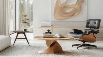 Mid century modern coffee table in clean living room.