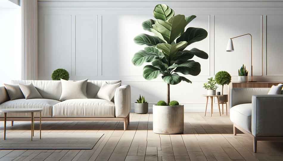 Modern living room with fiddle leaf fig