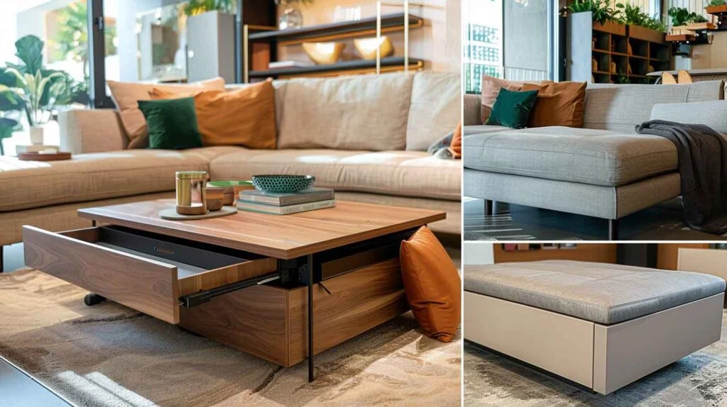 A collage of ottoman, lift-top, and coffee tables with drawers highlighting their storage capabilities.