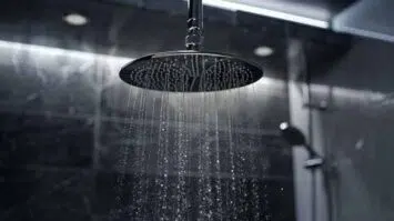 Sleek and modern shower head in dark shower.