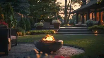 Outdoor fire pit at dusk.
