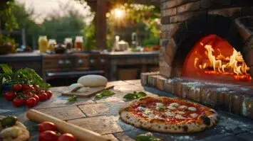 Outdoor fired brick oven making pizzas.
