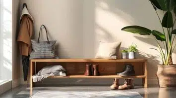 Bench with storage in foyer.