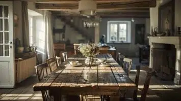 Farmhouse dining table in large rustic room.