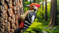 Bright and beautiful woodpecker on a tree.