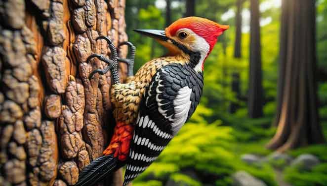 Bright and beautiful woodpecker on a tree.