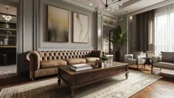 Transitional living room with leather chesterfield sofa