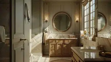 Charming bathroom with round mirrors.