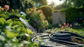 Beautiful garden with hose with running water.