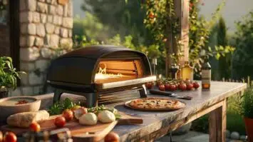 Portable pizza oven on a table with pizza ingredients.