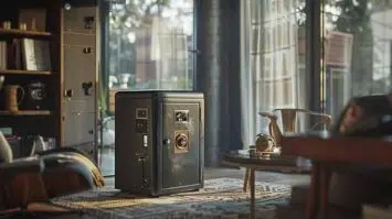 Old safe in the middle of a living room.