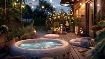 Inflatable hot tub on backyard deck.
