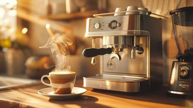 Espresso machine with a steaming espresso on countertop.