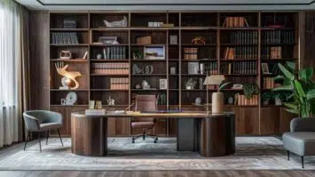 modern home office with bookshelves.