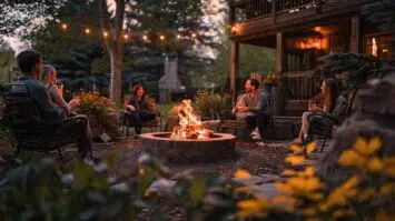 Outdoor fire pit with people sitting around.