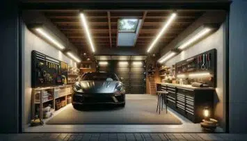 Clean and organized garage with modern lighting.
